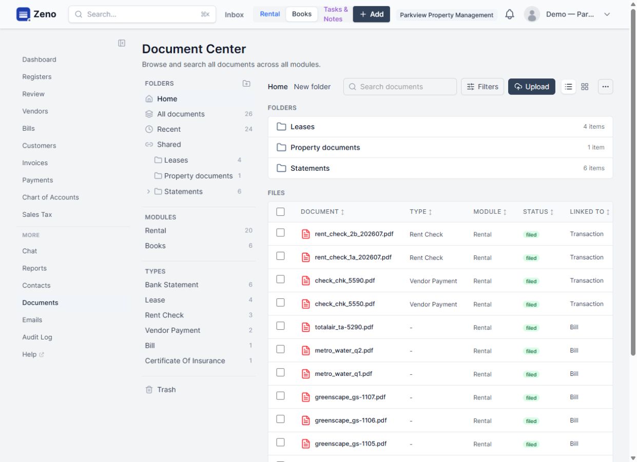 Zeno Document Center showing filed, parsed, and linked documents