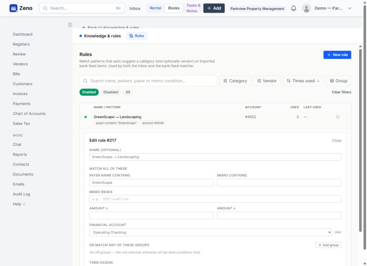 A saved bookkeeping rule open for inspection in Zeno